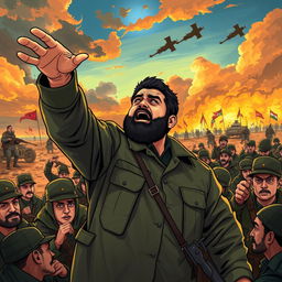 An illustrated scene depicting the charismatic Iraqi leader Muqtada al-Sadr, in military attire, passionately rallying his supporters during a conflict