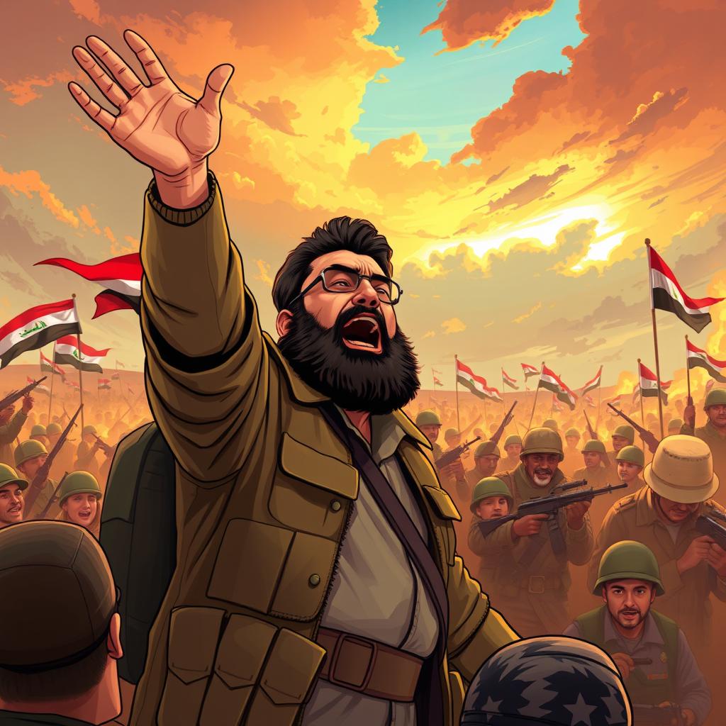 An illustrated scene depicting the charismatic Iraqi leader Muqtada al-Sadr, in military attire, passionately rallying his supporters during a conflict