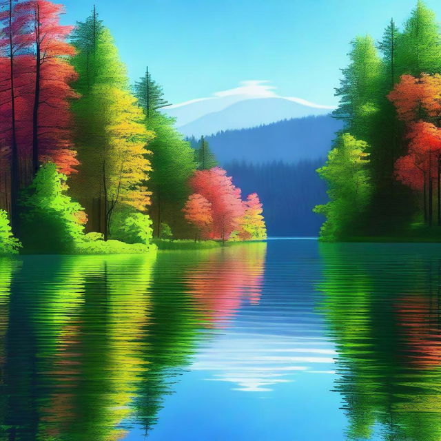 A serene digital art image showcasing a tranquil lake nestled within the heart of a lush forest