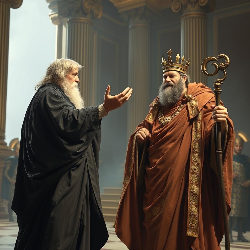 In a dramatic scene, the blind seer Tiresias stands before King Oedipus in the grand palace