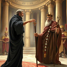 In a dramatic scene, the blind seer Tiresias stands before King Oedipus in the grand palace