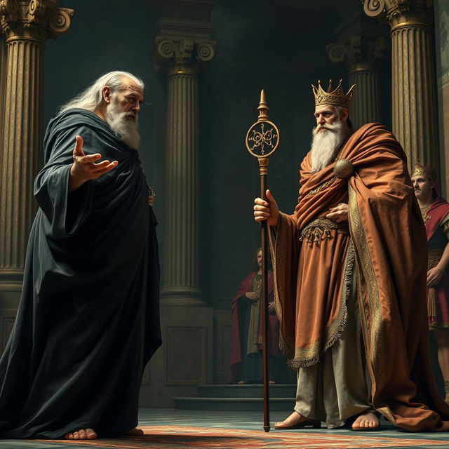 In a dramatic scene, the blind seer Tiresias stands before King Oedipus in the grand palace