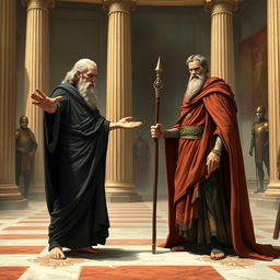 In a dramatic scene, the blind seer Tiresias stands before King Oedipus in the grand palace