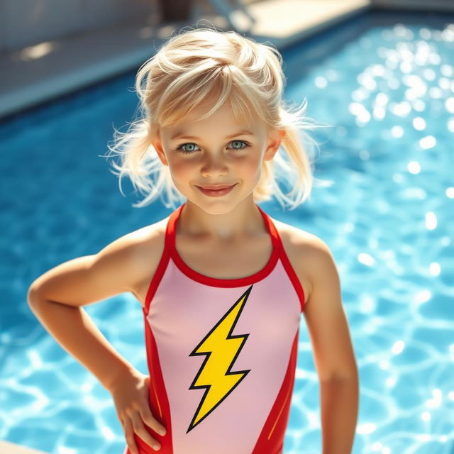A young girl with light-blonde hair and bright green eyes is posing confidently by a sparkling swimming pool