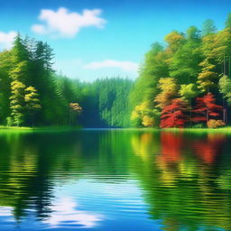 A serene digital art image showcasing a tranquil lake nestled within the heart of a lush forest