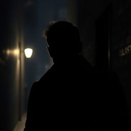 A mysterious scene featuring a lone man shrouded in shadows, his face partially obscured to evoke intrigue