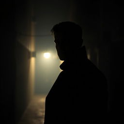 A mysterious scene featuring a lone man shrouded in shadows, his face partially obscured to evoke intrigue