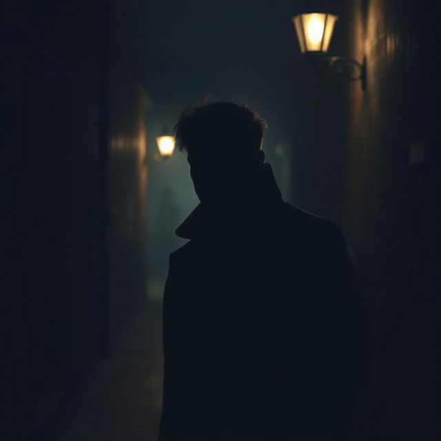 A mysterious scene featuring a lone man shrouded in shadows, his face partially obscured to evoke intrigue