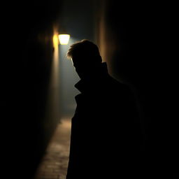 A mysterious scene featuring a lone man shrouded in shadows, his face partially obscured to evoke intrigue