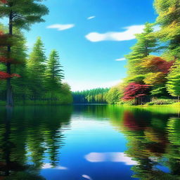 A serene digital art image showcasing a tranquil lake nestled within the heart of a lush forest