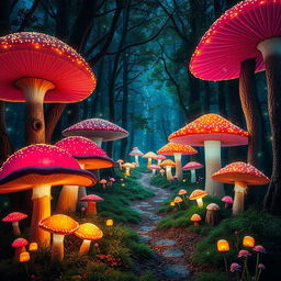A mesmerizing nighttime scene depicting a mystical forest where the trees gradually transition into colossal, vibrant mushrooms, leading into a magical realm