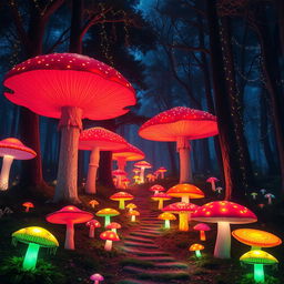 A mesmerizing nighttime scene depicting a mystical forest where the trees gradually transition into colossal, vibrant mushrooms, leading into a magical realm