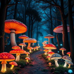 A mesmerizing nighttime scene depicting a mystical forest where the trees gradually transition into colossal, vibrant mushrooms, leading into a magical realm