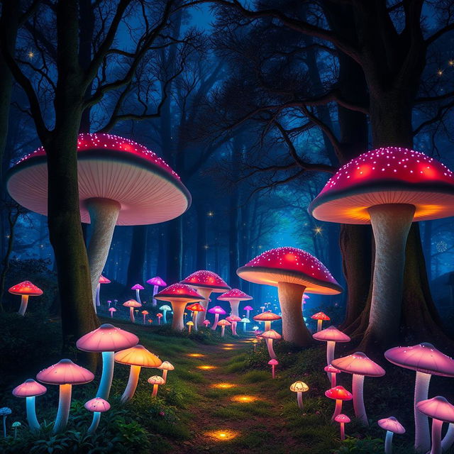 A mesmerizing nighttime scene depicting a mystical forest where the trees gradually transition into colossal, vibrant mushrooms, leading into a magical realm