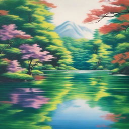 A vibrant painting, emulating the style of Erina Matsui, depicting a tranquil lake nestled in a lush forest