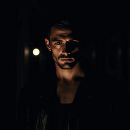 A mysterious man standing in shadows, partially illuminated by a dim light source, emphasizing his rugged features and contemplative expression