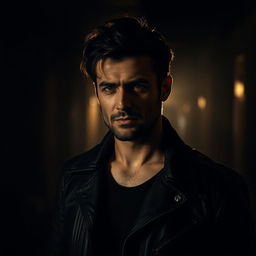 A mysterious man standing in shadows, partially illuminated by a dim light source, emphasizing his rugged features and contemplative expression
