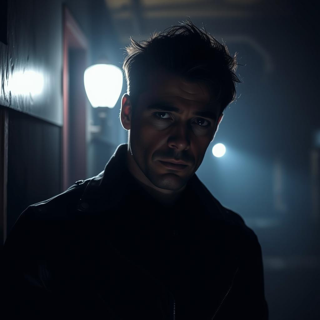 A mysterious man standing in shadows, partially illuminated by a dim light source, emphasizing his rugged features and contemplative expression