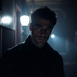 A mysterious man standing in shadows, partially illuminated by a dim light source, emphasizing his rugged features and contemplative expression