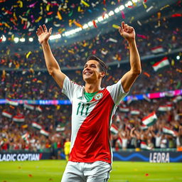 A vibrant scene featuring Cristiano Ronaldo wearing the Iraqi national team jersey, celebrating a goal on the football field