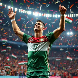 A vibrant scene featuring Cristiano Ronaldo wearing the Iraqi national team jersey, celebrating a goal on the football field