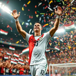 A vibrant scene featuring Cristiano Ronaldo wearing the Iraqi national team jersey, celebrating a goal on the football field