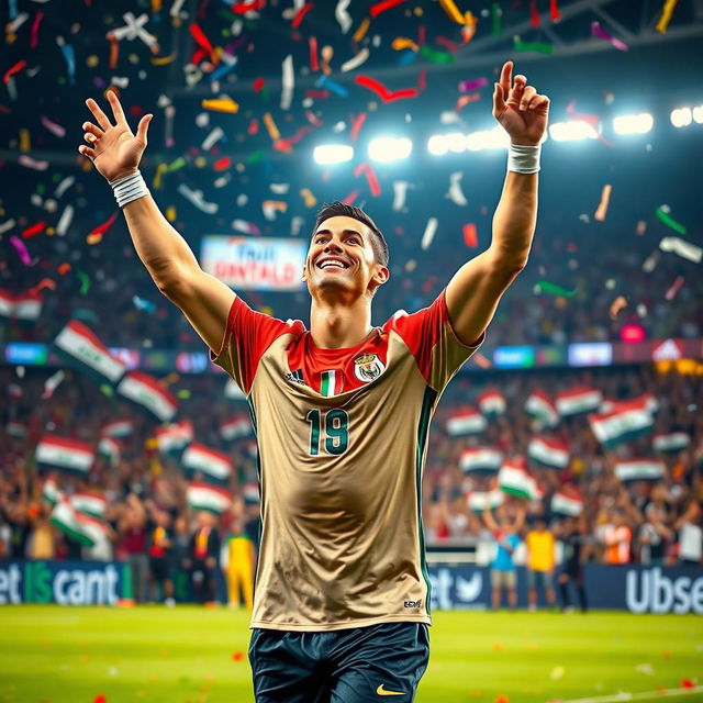 A vibrant scene featuring Cristiano Ronaldo wearing the Iraqi national team jersey, celebrating a goal on the football field