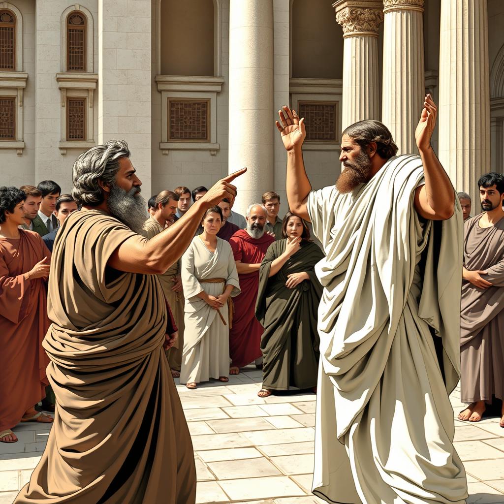 Oedipus and Creon are passionately arguing in the palace courtyard