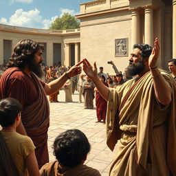 Oedipus and Creon are passionately arguing in the palace courtyard