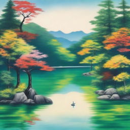 A vibrant painting, emulating the style of Erina Matsui, depicting a tranquil lake nestled in a lush forest