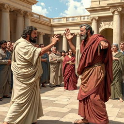 Oedipus and Creon are passionately arguing in the palace courtyard