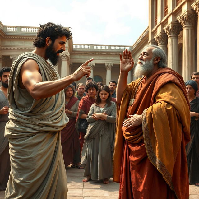 Oedipus and Creon are passionately arguing in the palace courtyard