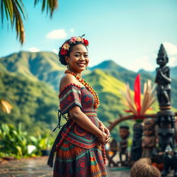 A stunning Melanesian bride in traditional Highland attire, standing gracefully in a beautiful tropical setting