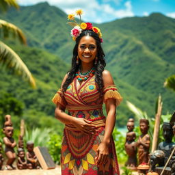 A stunning Melanesian bride in traditional Highland attire, standing gracefully in a beautiful tropical setting