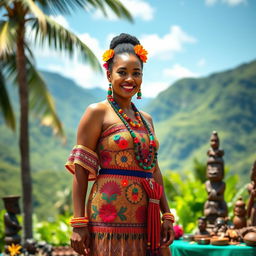 A stunning Melanesian bride in traditional Highland attire, standing gracefully in a beautiful tropical setting