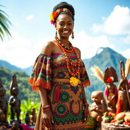 A stunning Melanesian bride in traditional Highland attire, standing gracefully in a beautiful tropical setting
