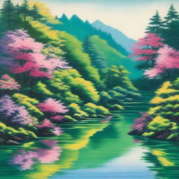 A vibrant painting, emulating the style of Erina Matsui, depicting a tranquil lake nestled in a lush forest