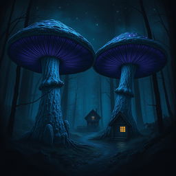 A dark and mysterious nighttime scene featuring a quaint cabin in the distance, subtly included but not the main focus