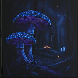 A dark and mysterious nighttime scene featuring a quaint cabin in the distance, subtly included but not the main focus