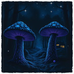 A dark and mysterious nighttime scene featuring a quaint cabin in the distance, subtly included but not the main focus