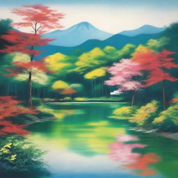 A vibrant painting, emulating the style of Erina Matsui, depicting a tranquil lake nestled in a lush forest