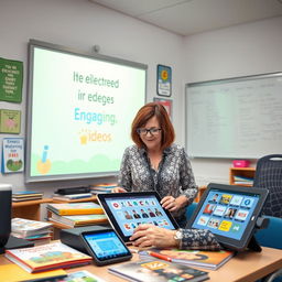 A classroom scene featuring a teacher, a middle-aged woman with glasses and short brown hair, reviewing various educational tools such as colorful textbooks, engaging educational videos on a large projector screen, a sleek video projector, and a tablet displaying interactive educational apps