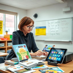 A classroom scene featuring a teacher, a middle-aged woman with glasses and short brown hair, reviewing various educational tools such as colorful textbooks, engaging educational videos on a large projector screen, a sleek video projector, and a tablet displaying interactive educational apps