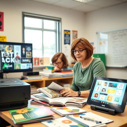 A classroom scene featuring a teacher, a middle-aged woman with glasses and short brown hair, reviewing various educational tools such as colorful textbooks, engaging educational videos on a large projector screen, a sleek video projector, and a tablet displaying interactive educational apps