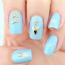 Natural nail design featuring a light blue background with intricate and playful decorations