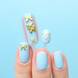 Natural nail design featuring a light blue background with intricate and playful decorations