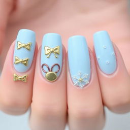 Natural nail design featuring a light blue background with intricate and playful decorations