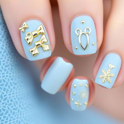 Natural nail design featuring a light blue background with intricate and playful decorations