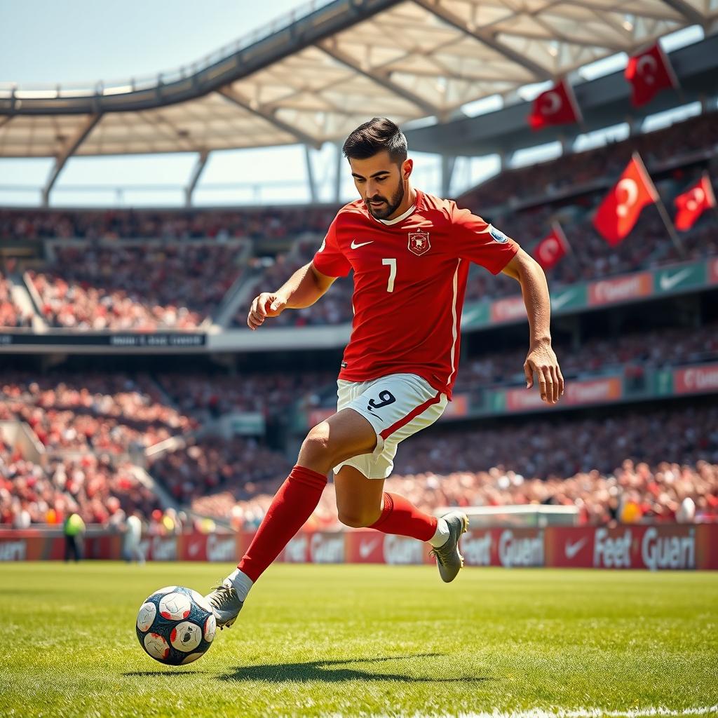 A professional athlete in action, showcasing Murad Alimdar, a Turkish national football player, skillfully dribbling a soccer ball on a vibrant green field