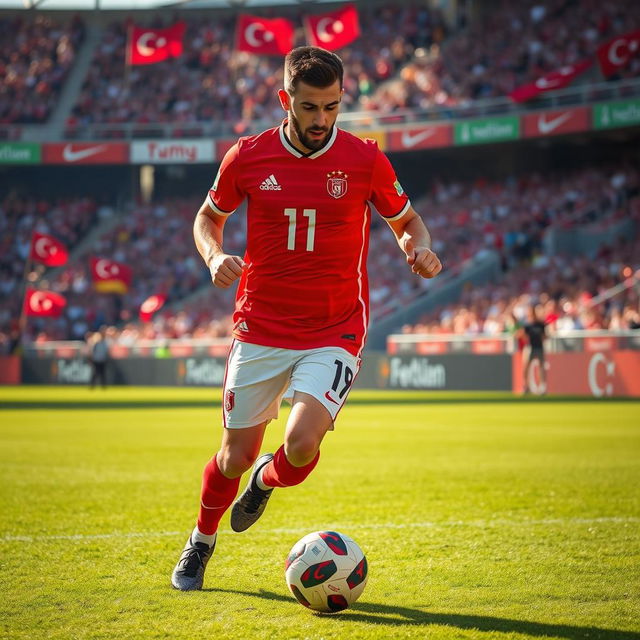 A professional athlete in action, showcasing Murad Alimdar, a Turkish national football player, skillfully dribbling a soccer ball on a vibrant green field